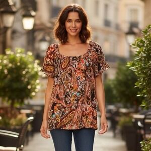 AB Studio Blouse Women Size S Ruffle Short Sleeve Scoop Neck Feminine‎ Dopamine
